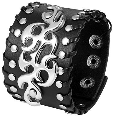 JewelryWe Schmuck Herren Lederarmband, Breit Leder Echtleder Armband Armreif Manschette Armband verstellbaren 6.5-8.5 Zoll Punk Biker Rock, schwarz/braun