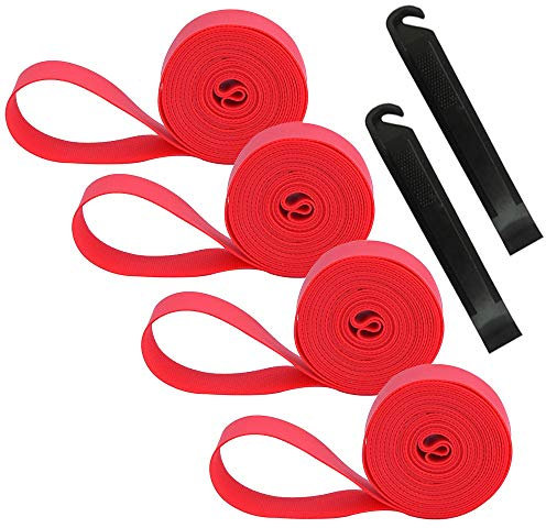 QitinDasen 4Pcs Premium PVC Bike Tire Rim Tape, 24 Bicycle Inner Tube Protection Pad, Mountain Bike Tire Liner, Anti Puncture Wheel Rim Tape, With 2 Pcs Bike Tire Lever (Red)