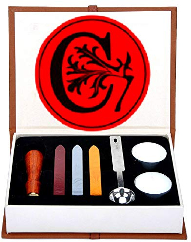 Buchstaben-Wachs-Siegel-Stempel-Set, ANBOSE Alphabet Wachs-Siegel-Stempel-Kit einschließlich 1Pcs Holzgriff Kupfer-Siegel, 3Pcs Wachs-Siegel-Sticks, 1Pcs Schmelzlöffel und 2Pcs weiße Kerzen（C)