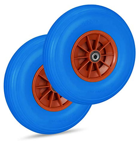 Relaxdays 2X Ruota per Carriola 4.00-6, Gomma Piena e Cerchione in Plastica, 3 Adattatori, Max 100 kg, in Blu Rosso