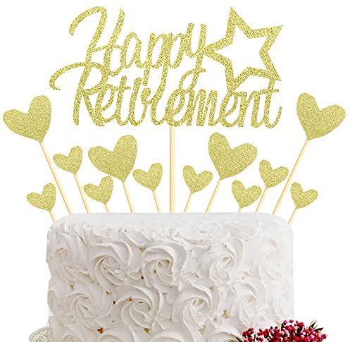 Sumerk Gold Glitter Happy Retirement Cake Topper Retired Theme Cake Decorations Set with Heart Cupcake Toppers Party Decorations Supplies - Pack of 13