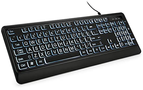 KOPJIPPOM Large Print Backlit Keyboard, USB Wired Computer Keyboard, Full Size Keyboard with White Illuminated LED Compatible for Windows Desktop, Laptop, PC, Gaming, Black