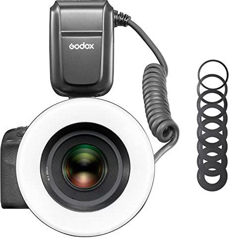 Godox MF-R76 Macro Ring Flash con 8 Anillos Adaptadores, Ajuste 1/128 a 1/1, 10 Niveles de Relación de Potencia, Compatible con la mayoría de Las cámaras con Zapata de un Solo Contacto,no soporta TTL
