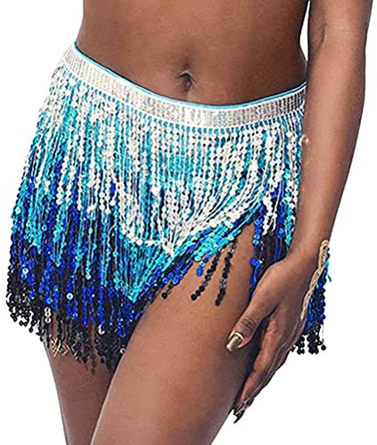 Minetom Damen Bauchtanz Und Latin Dance Glitzer Rock Pailletten Quaste Tanzröcke Fransen Outfits Röcke Bauchtanz Hüfttuch Gürtel Röcke A2 Blau One Size