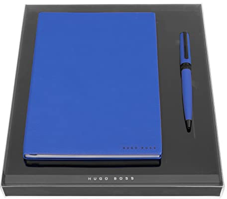 Hugo Boss Schreib-Set Kugelschreiber Gear Matrix Blue und A5 Notizblock Elegance Storyline Blue Plain in der Geschenkbox, HPBN121L