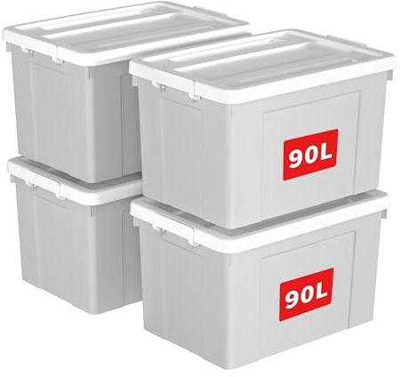 Cetomo 90 L x 4 förvaringslådor, plastförvaringslåda med lock, organiseringsbehållare med säkra spärrspännen, stapelbar, kapabel, tygkorg för hemmakontor, 90 L-4 pack, grå
