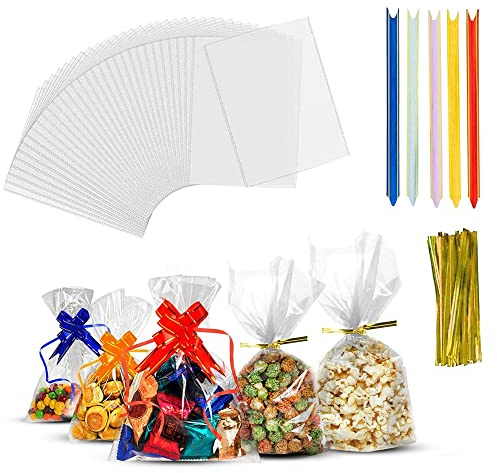 Recon Up (8x12 inch) Pack of 60 Cellophane Bags, Cookie Bags With Colorful Pull Bows & Ties, Clear Gift Bags For Food Storage, Flat Sweet Bags For Gifts On Special Occasion