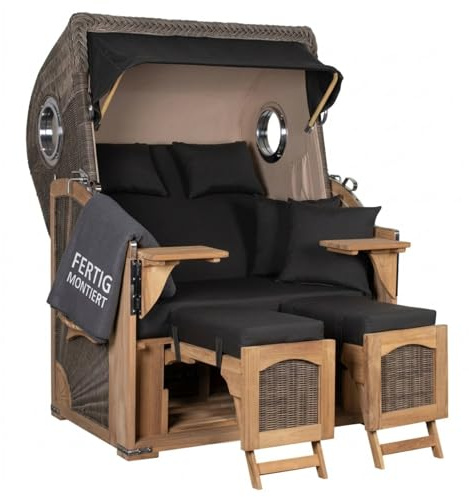 MR. DEKO® Strandkorb Düne Teak 2-Sitzer Bullauge | PE Geflecht Grey | Volllieger Strandstuhl verstellbar | inkl. 4 Kissen Wechselpolster | Strandkörbe fertig montiert aus Teakholz | (Dessin 548)