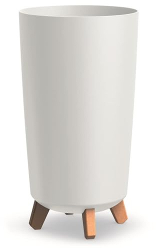 BirnePower Gracia Slim Pflanzkübel Weiß 44,5cm – Hoher Blumentopf Rund mit Füßen in Holzoptik, UV- & Frostbeständig, Moderner Kunststoff Übertopf für Garten, Balkon & Innenbereich