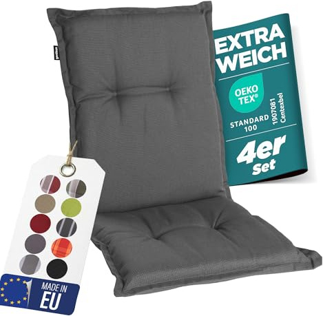 gardisun Gartenstuhlauflagen Niedriglehner, 4er Set, Grau | Extra Dicke Sitzauflagen, Made in EU, Stuhlauflagen für Niederlehner Gartenstuhl, Auflagen mit extra hoher Lichtechtheit