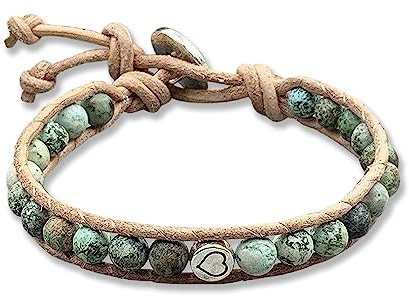 Majas Perlen Wickelarmband Afrikanischer Türkis mit Herz und Leder - echte Edelsteinperlen 6mm - einfach gewickeltes Perlenarmband Boho Festival Stil - Wunschedelstein - Handmade Personalisierbar