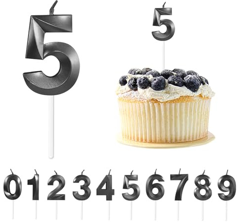 Velas con número de cumpleaños, velas de cumpleaños 3D negras con números, 5 cm, velas con números, cumpleaños para tarta, decoración de tartas, cumpleaños para aniversario, fiestas, número 5
