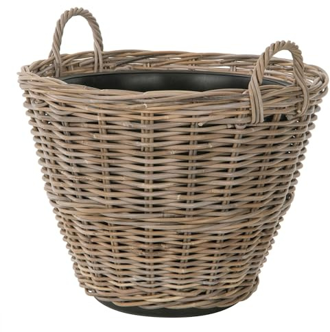 Kouboo Round Rattan Planter Basket with Handles - 11 Gallon Plastic Pot Liner with Drain Holes Included - No Saucer - Indoor and Outdoor Use