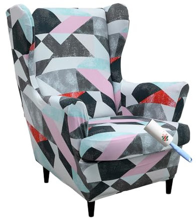 Highdi 2 Teilig Ohrensessel Überzug, Sessel-Überwürfe Ohrensessel Schonbezüge Bezug Sesselhusse Elastisch Stretch Tiger Stuhlbezug mit Armlehne Hohe Rückenlehne Universal (rosa Geometrie)