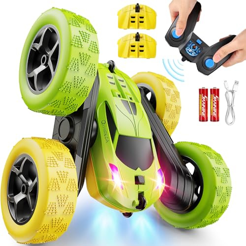 QUNREDA Fjärrkontroll bil, RC billeksaker för 6-12 år gamla pojkar, off road RC stuntbil 4WD 360° roterande fjärrkontroll bil för barn, pojkar flickor gåvor till födelsedag, jul gul och grön