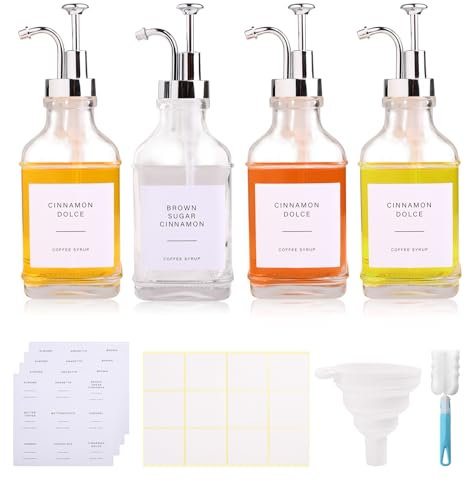 Kqpoinw Kaffee Sirup Spender Set, 4 x 16 oz Glas Ölflasche,Silber Pumpspender Sirup Essig Öl Flaschen, Ölspender mit Ausgießer für Sirup, Öl und Essigspender mit 84 Aufkleber und Trichter