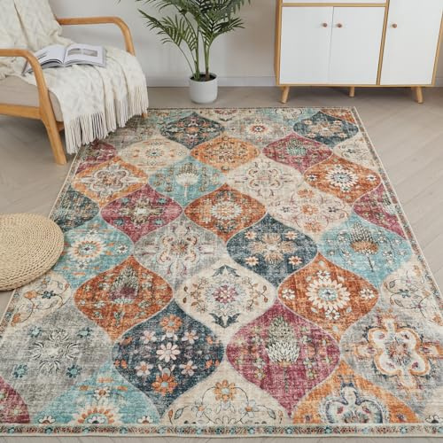 Xfrog Tapis Marocain, Tapis Salon Moderne à Poils Courts, Tapis Lavable en Machine pour Chambre à Coucher Multicolore Crème 120x160 cm