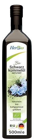 HerbBio Bio Schwarzkümmelöl kaltgepresst 500ml | Gefiltert, Hoher Gehalt an Thymochinon, 100% naturrein, Aus ägyptischen Nigella Sativa, Mühlenfrisch direkt vom Hersteller