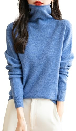 Chanyarn Damen Elegantpullover 100% Merinowolle Rollkragen Kaschmir 2024 First-Line Ready to Wear Langarm nahtlosem Strick Herbst Winterpullover (Stern Blau,L)