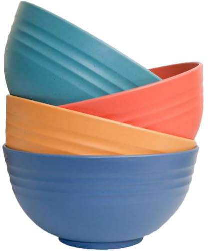 Plastic Cereal Bowls 4 Pieces, Unbreakable 700ml/24oz Lightweight Bowl Set | Reusable Serving Bowl for Rice Noodle Soup Snack Salad Fruit, BPA Free, Dishwasher & Microwave Safe (4 Colors)