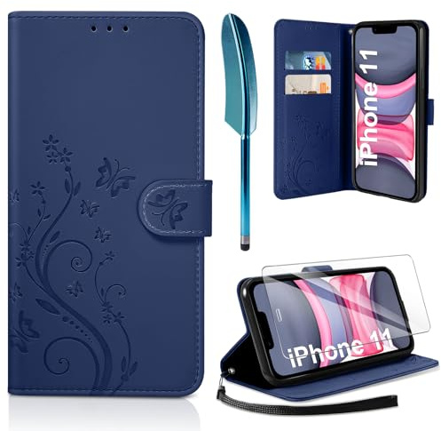 AROYI Lederhülle Kompatibel mit iPhone 11 Hülle und Schutzfolie, Flip Wallet Handyhülle PU Leder Case Kartensteckplätzen Schutzhülle Kompatibel mit iPhone 11 Dunkel Blau