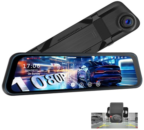 CAMECHO 12'' Mirror Dash Cam Night Vision 1080P Full Touch Screen Dual Dash Cam Front and Rear Camera Car Rear View Mirror with WiFi Loop Recording Parking Assistance G-Sensor
