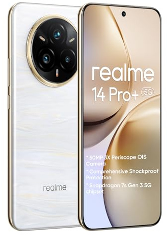realme 14 Pro+ 5G Smartphone 8+256GB, 50MP IMX882 Periscope, Processore Snapdragon 7s, Display quad-curvo 6,83 pollici 120Hz, Batteria Titan 5260mAh, Bianco