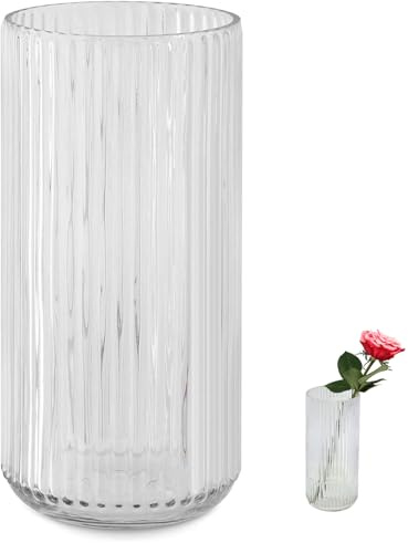 TEUYOE Transparent Glas Vase 20 cm, Modern Gerippt Blumenvase für Tischdeko | Schwerer Standfuß für Stabilität,9 cm Durchmesser, für Tulpen, Pampasgras, Orchideen,für Tisch, Regal & Fensterbank