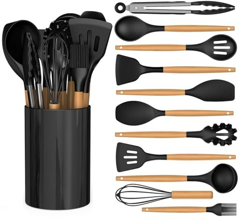 12 PCS Silicone Cooking Utensils Set with Wooden Handle, Kitchen Utensil Set, Heat Resistant, Nonstick Cookware Tongs Spatula Spoon Set, Dishwasher Safe, Best Kitchen Tools with Holder