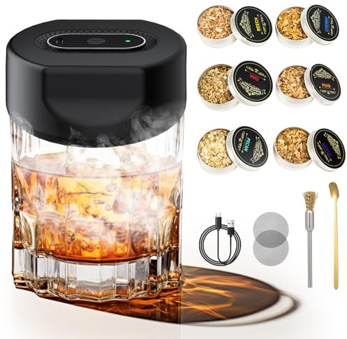 Elektrischer Cocktail Smoker Kit, 2025 Neueste USB-C wiederaufladbar Whisky Smoker Set, altmodisches Whiskey Räucherset mit 6 Holzchips, Cocktail Zubehör für Whiskey und Bourbon, Mehr Rauch