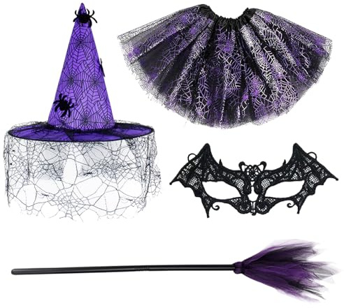 KUBDPQOR Escoba de Bruja con Conjunto Completo para Halloween, Incluye Sombrero, Máscara de Murciélago, Falda de Telaraña y Escoba Desmontable, Talla Única, Color Morado