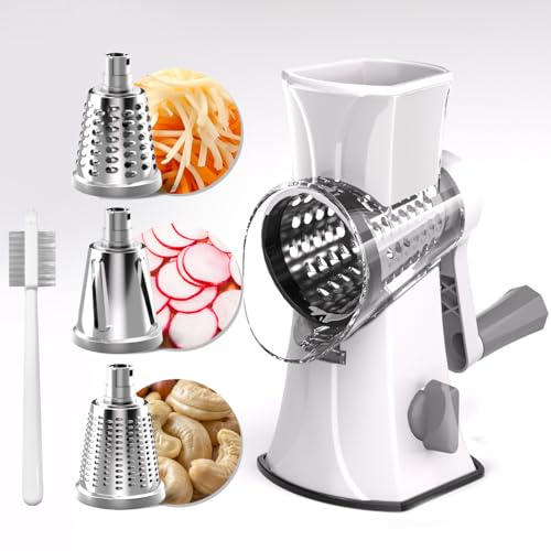 Rotary Cheese Grater, Vegetable Slicer with Three Drum Blades, Grater for Kitchen Faster and Easy Cutting, Rotary Drum Grater Ideal for Cheese, Cucumber, Carrot, Nuts, etc. (White)