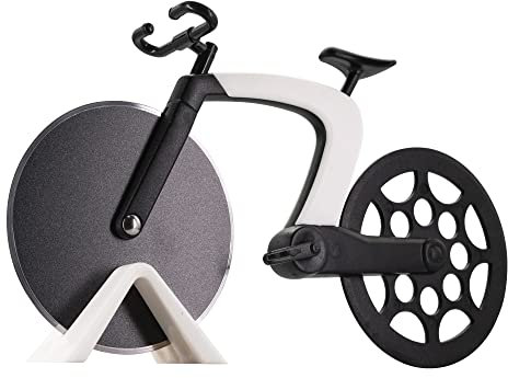 Roulette à pizza en forme de vélo avec support : couteau à pizza robuste en acier inoxydable de 6,1 cm – Lames polies anti-adhésives et tranchantes, gadget de cuisine amusant pour trancher la pizza