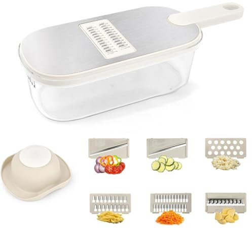 LIIGOU Mandolina per Verdure Professionale 6-in-1 Affetta Verdure in Acciaio Inox con 6 Lame Manuale Multifunzione Taglia Patate Mandolina Regolabile Spessore