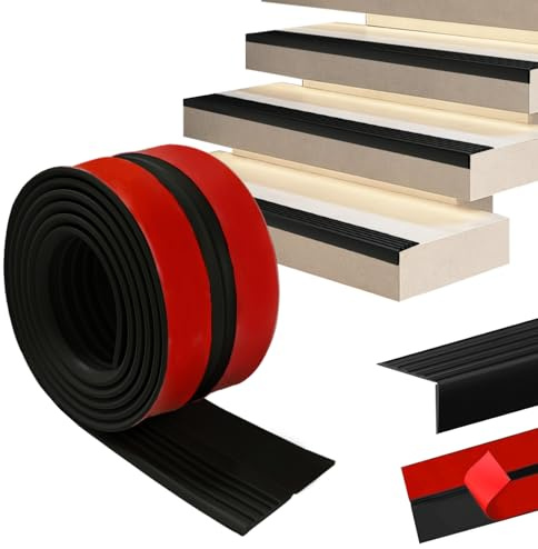 Treppenkantenprofil Selbstklebend, Treppenkantenschutz, Selbstklebend Kantenschutz Treppe, Gummi Antirutsch Treppenstufen Rutschfeste Treppenkant für Außen und Innenbereich (Schwarz, 10M)