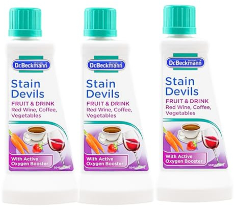 Dr. Beckmann Stain Devils Wine & Fruit Stain Remover 50ml – Removes Red Wine Coffee Tea Juice & Fruit Stains –Active Oxygen Booster Tough on Stains Gentle on Colours & Fabrics Pack of 3