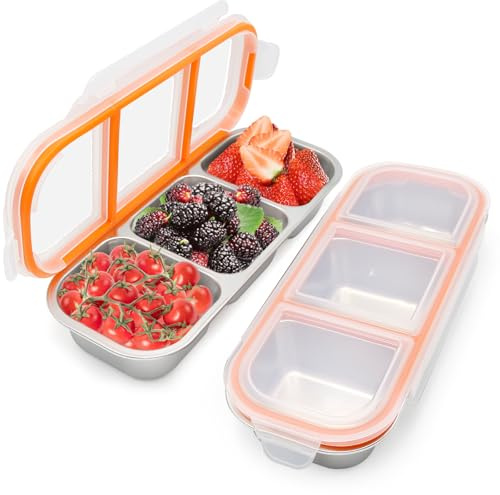 Rwbimti 2Pcs Snackbox Mit 3 Fächern, Leckdichte Snackbox aus Edelstahl, Brotdose Mit Fächern, Bento Box Kinder für Sandwich Süßigkeiten Nüsse Keksen Gemüse (2Pcs-600ml)