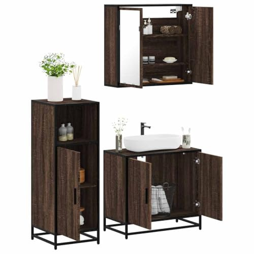 3-tlg. Badmöbel-Set Braun Eichen-Optik Holzwerkstoff, Badezimmer Set, Stauraum für Badutensilien, Spiegelschrank und Waschbeckenunterschrank, 65 x 20.5 x 60 cm, 65 x 33 x 60 cm, 35 x 37.5 x 100 cm