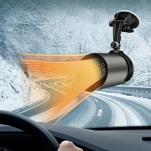 12V Auto Heizlüfter mit Saugnapfhalterung, 2-in-1 Auto Heizung und Scheibenenteiser mit Zigarettenanzünder-Stecke, Steckdosen-Autoheizung für den Winter