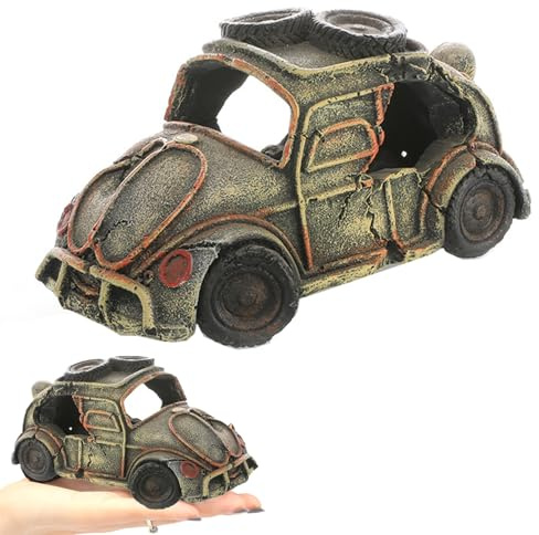 Qanye Aquarium Dekoration Auto Wrack, Harz Ornamente Realistisches Bus & PKW Versteck für Fische & Garnelen, Landschaftsbau Deko zum Spielen, Paaren & Ausruhen (Käfer), 15 x 10 x 8 cm