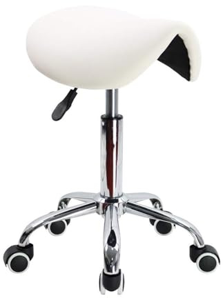 Rullande sadelpall PU-läder Svängbar Justerbar rullpall med hjul Salongstol for tatuering, salong, skönhet, spa(White)