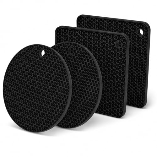 Scettar 4 Pcs Dessous de Plat en Silicone(2 Circulaire+2 Rectangulaire), sous Plat de Table Chaud(Noir), pour Casseroles et Poêles Chaudes, Multi-Usages