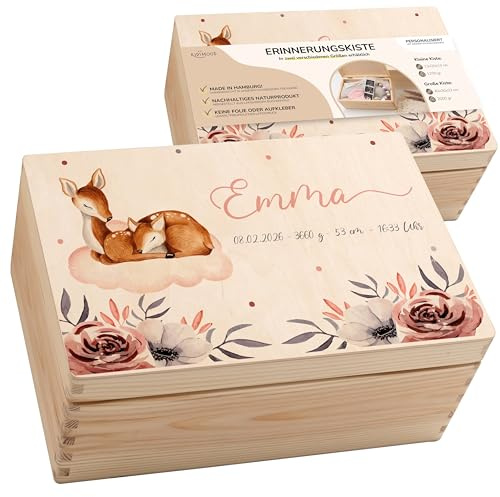 KIDSMOOD - Erinnerungsbox Baby, personalisierte Holzkiste mit Deckel, Ideal zur Aufbewahrung von Erinnerungen und als Geschenk zur Geburt, Taufe oder als Geburtstagsgeschenk für Mädchen und Jungen