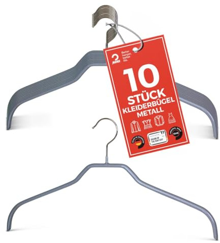 MAWA Kleiderbügel, Set mit 10 platzsparenden und rutschfesten Bügeln, ideal für Hemden und Blusen, mit 360°drehbarem Haken, Antirutschbeschichtung, 36 cm, Silber