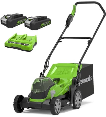 Greenworks G24X2LM36K2X Cordless Lawnmower for Lawns up to 210m², 36cm Cutting Width, 40L Bag PLUS Two of 2x24V(48V equivalent) 2Ah Batteries & Twin Charger, 3 Year Guarantee