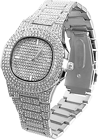 Halukakah Ovales Zifferblatt Diamant Golduhr Iced Out, Männer 18k Echtgold/Platin Weißgold Plattiert Quarz Armband 24cm, mit Kubanische-Kette Halskette Armband-Set Optionen, mit Geschenkbox
