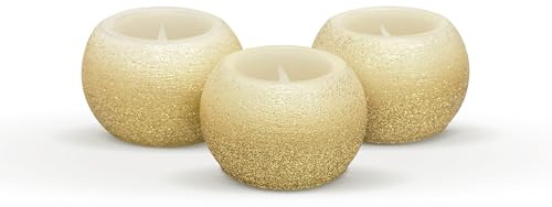 FURORA LIGHTING Small Gold Glittery Real Wax Flameless Candles, Pack of 3 – LED Flickering Small Round Candles, 2.4” x 1.6”, Battery Included, Ideal for Home Decor