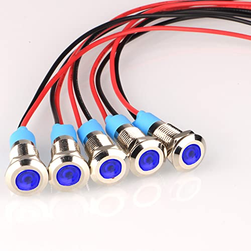 Gebildet 5pcs 8mm LED Metal Indicator Light AC/DC 12-24V Waterproof Signal Lamp Pilot Dash Directional with Wire(Blue)