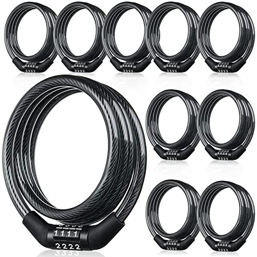 Hotop 10 Pcs Bike Lock Cable with Combination, Coiled Preset Bike Lock High Security 4 Digit Bicycle Locks Anti Theft Bikes Accessories Black Bicycle Cable Locks, 5/6 Inch Diameter (4 Feet)