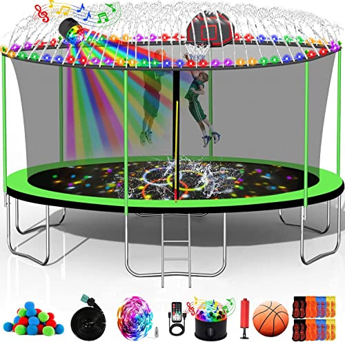 Goujxcy 1500 LBS 16FT for Adults and Kids with Sprinkler, Lights with Speaker, Basketball Hoop, Ladder, Safety Enclosure Net, Water Ball, 16 Socks, Outdoor Heavy Duty Recreational - ASTM CPC CPSIA